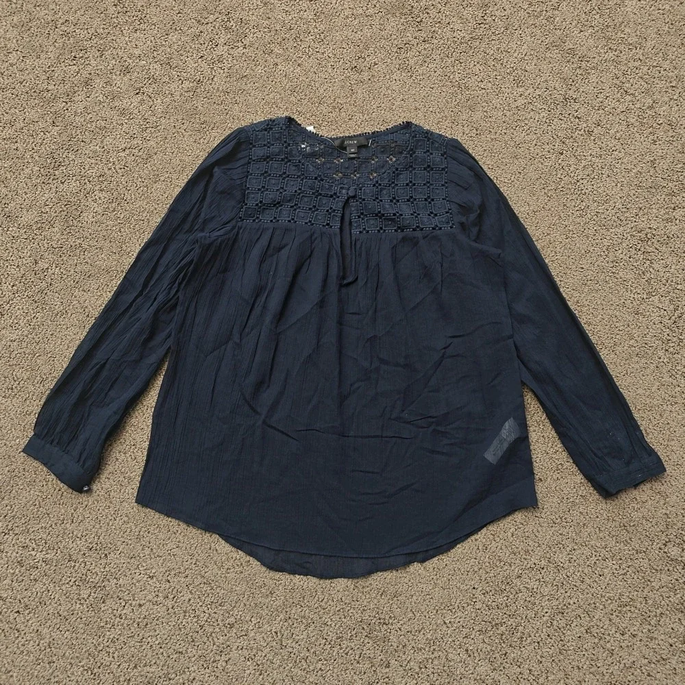 J.Crew Womens Navy Blue Crochet Lace Yoke Crinkle Gauze Cotton Blouse 00 NWT
